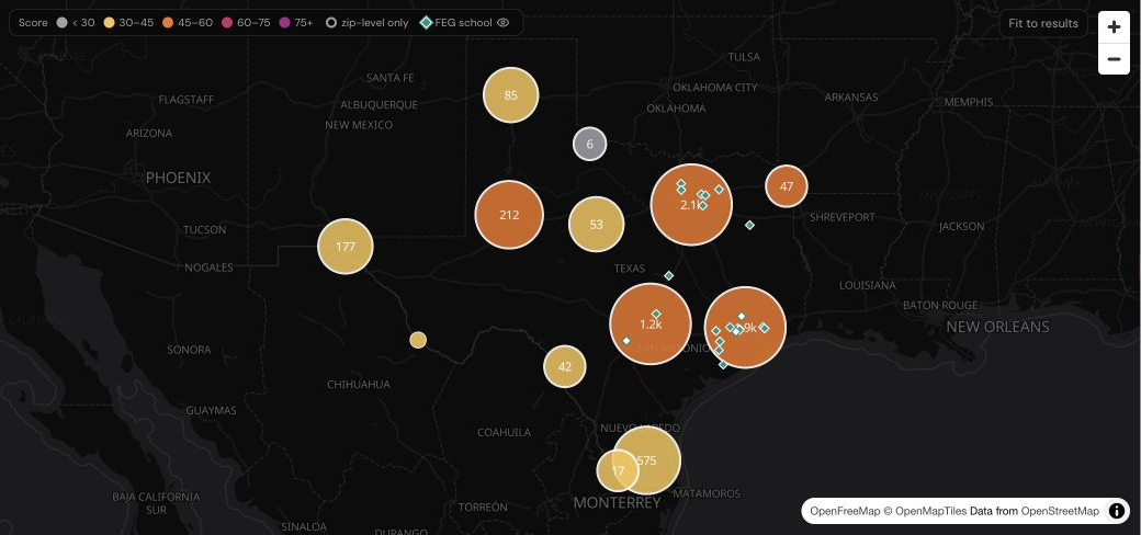 Actual Scout map of Texas childcare centers, showing geographic clusters and Fractal school markers.
