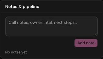 Actual Notes and pipeline controls for call notes, owner context and next steps, shown with an empty field to protect client information.